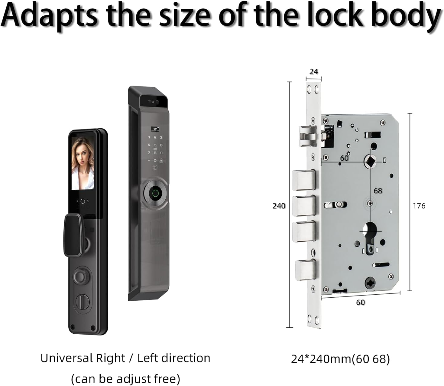 Diagram showing the dimensions of the Pohaytipe Smart Door Lock's mortise body, including measurements for universal right/left direction adjustment.