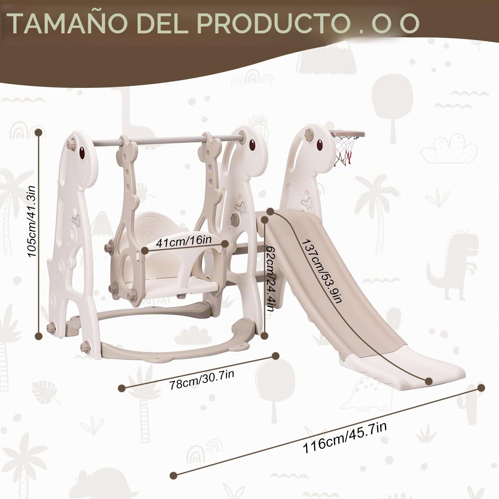 Toboganes Infantiles Exterior e Interior Juego Completo para Niños con Tobogán Canasta de Baloncesto y Columpio Ajustable en Altura (Gris)