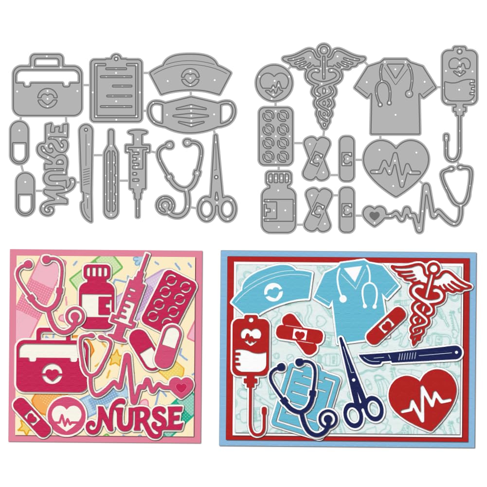 MAYJOYDIY Nurse Metal Cutting Dies Heart with Nurse Text Stencils Electrocardiogram Stethoscope Coat Embossing Template Dies for DIY Paper Craft Card Making Scrapbooking Album Decor โ image 1