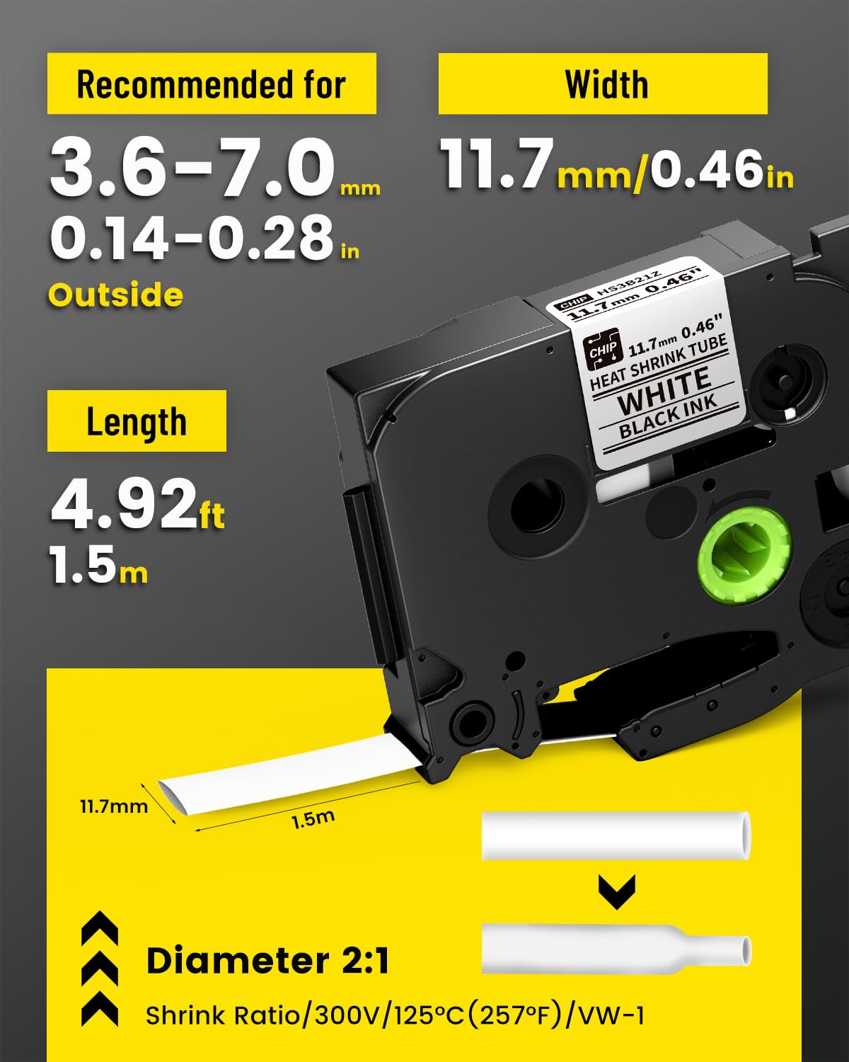 Nastri termorestringenti E1000, 11,7 mm, neri su bianchi, compatibili con PT-E560BTVP E510VP E310BTVP, ricambio per Brother P-Touch HSe-231 HSe231 HS-231, confezione da 4