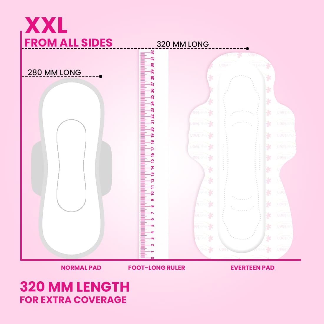 everteen XXL Sanitary Napkin Pads with Cottony-Soft Top Layer for Women Enriched with Neem and Safflower, XX-Large, 320mm Pack of 40, everteen XXL Sanitary Napkin Pads with Cottony-Soft Top Layer for Women Enriched with Neem and Safflower, XX-Large, 320mm Pack of 40,