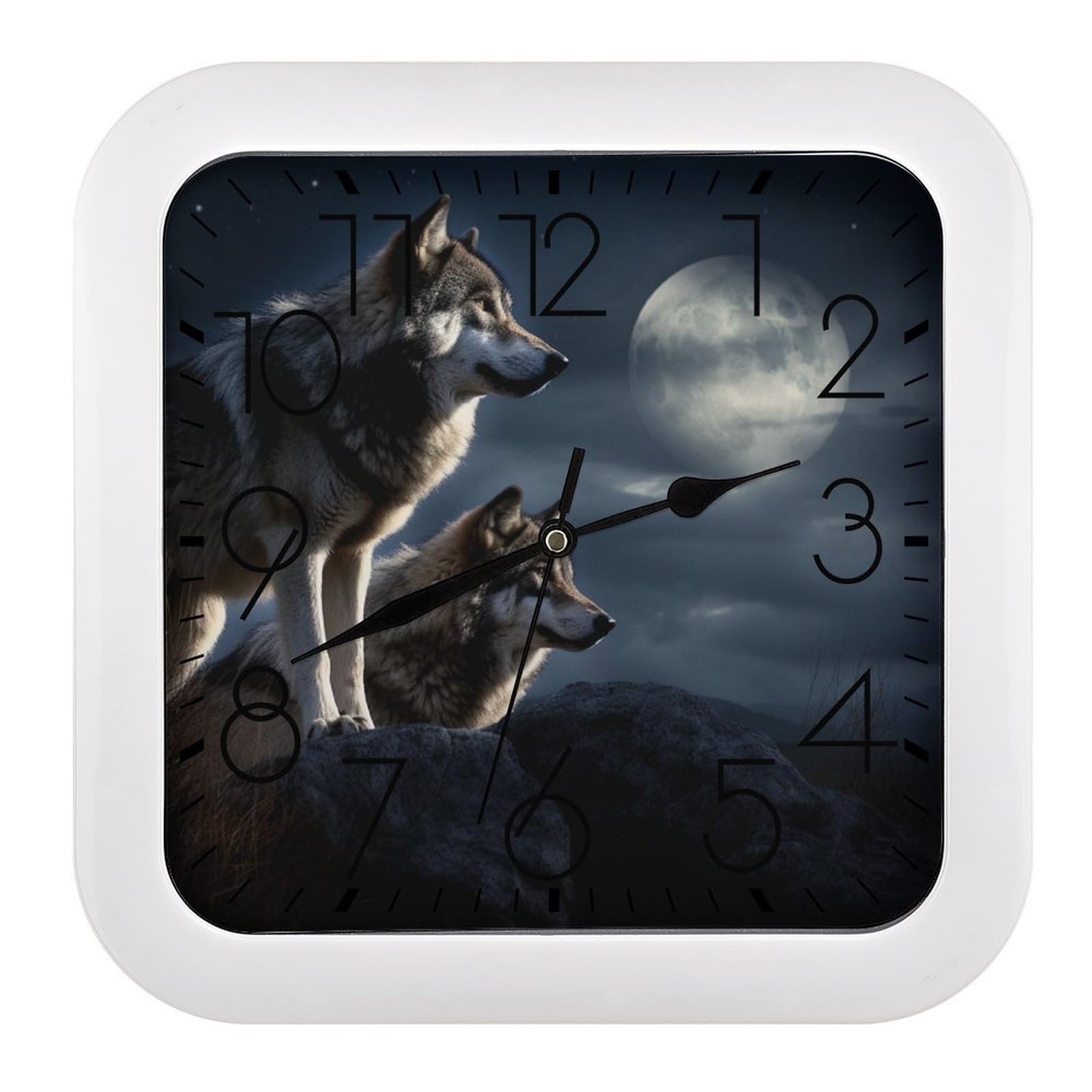 NTVOWPZO 10 Inch Wall Clock Wolves in The Moonlight Battery Operated Wall Clocks Silent Non-Ticking Square Wall Clock for Living Room Kitchen Home Office Wall Decorative Clocks