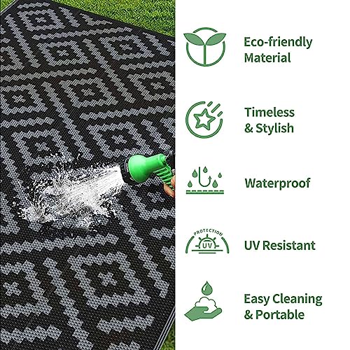 Image of GENIMO Outdoor Rug, Waterproof Plastic Runner Rugs, 2.5'x8' Black Grey | Outside Modern Carpet Mat for Patio Decor, Porch, Deck, Balcony, Camping, RV, Picnic, Beach, Reversible, Foldable