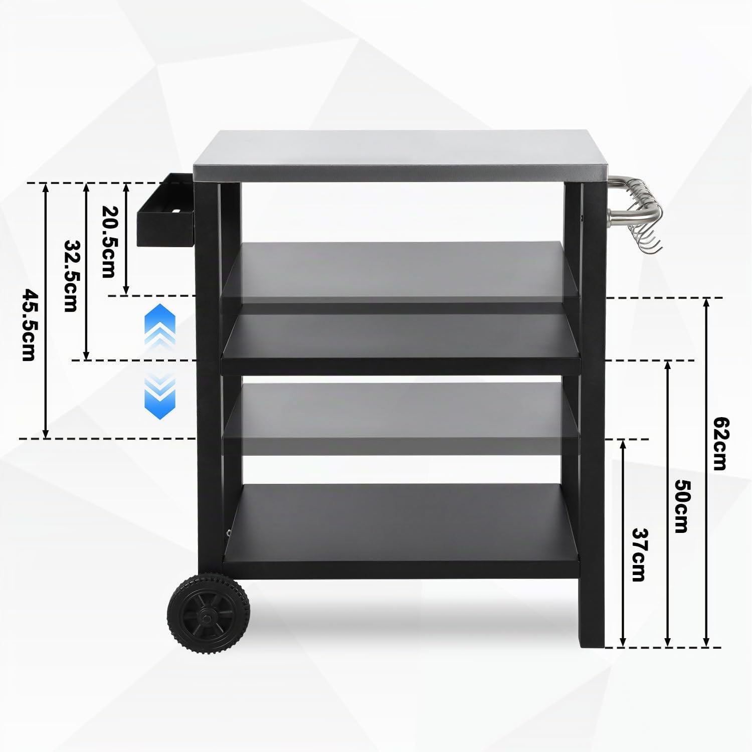 Carrello per Barbecue Regolabile in Altezza, Tavolo da Barbecue con 3 Ripiani, 6 Ganci, Maniglia & Portaspezie, Carrello da Servizio con Ruote per Cucina all'aperto, Piano in Acciaio Inox per