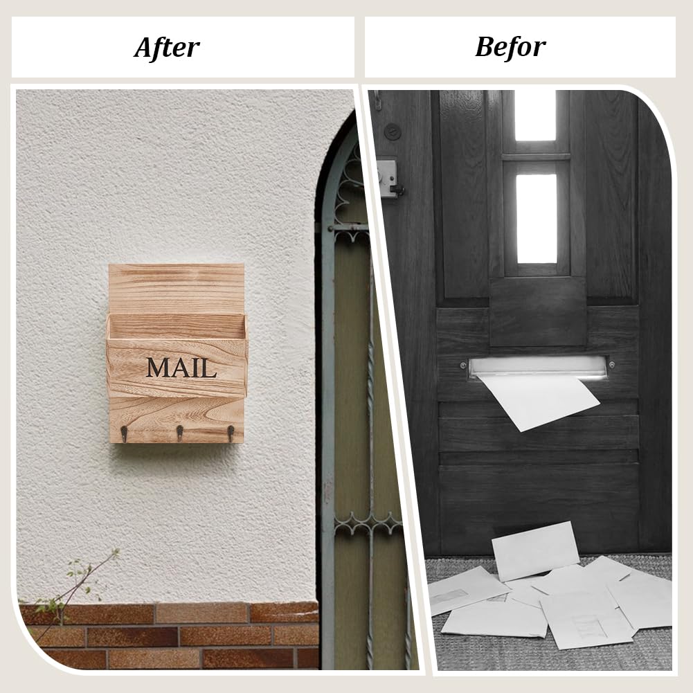 INFUNLY Soporte de madera para llaves de pared, organizador de correo de madera, colgador de llaves de pared con 2 ranuras para correo, paredes de 13.8 x 10.2 pulgadas, carpeta de cartas de granja con