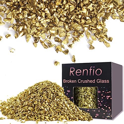 Renfio Broken Crushed Glass Glitter Shards Crush 2-4mm Irregular Small Metallic Chunky Chips High Luster Craft Sequins Gravel for DIY Phone Case Geode Resin Art 3.5 Oz (100g) - Champagne Gold