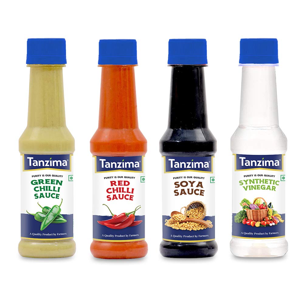 Tanzima Chilli Sauces - Green Chilli Sauce, Red Chilli Sauce, Soya Sauce, Synthetic Vinegar, Pack Of 4 (200Gram Each)