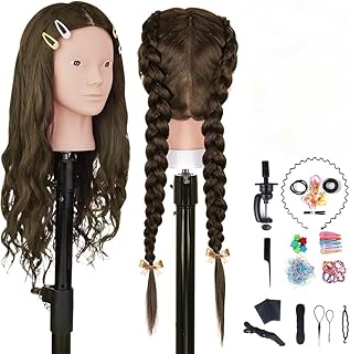 Cabeza Peluqueria Pelo Natural, TopDirect 70% Cabello Humano 66cm Maquillaje Cabeza de Maniquí para Peluquería, Cabeza de Muñeca con Soporte de Mesa + 7 PCS Extensiones de Cabello