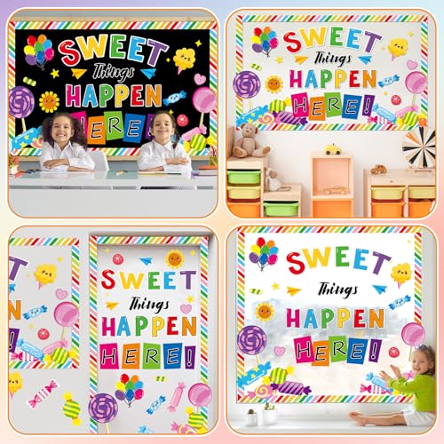 Image of gisgfim Sweet Candy Things Happen Here Bulletin Board Decorations Back to School Colorful Paper Cutouts Sweet Candy Bulletin Board Set for Kindergarten Preschool Elementary Wall Decor Supplies