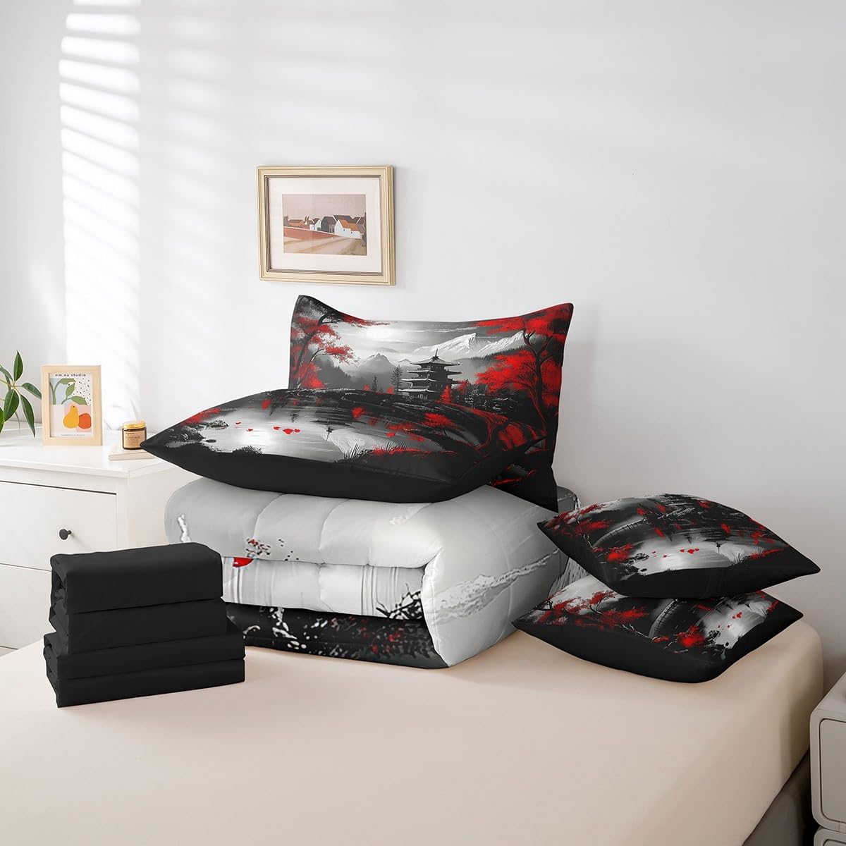 Erosebridal Japanese Style King Bedding Set 7 Piece,Cherry Blossom Comforter Set with Sheets,Red and Black Oriental Bed Set Vintage Mountain Scene Bed in a Bag with Fitted+Flat Sheet,Pillowcases