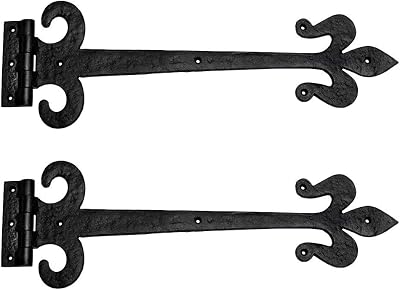 Renovators Supply Manufacturing Strap Hinge 18 in. Black Wrought Iron Fleur De Lis Style Flush Mount Heavy Duty Strap Gate and Door Hinges with Hardware Pack of 2