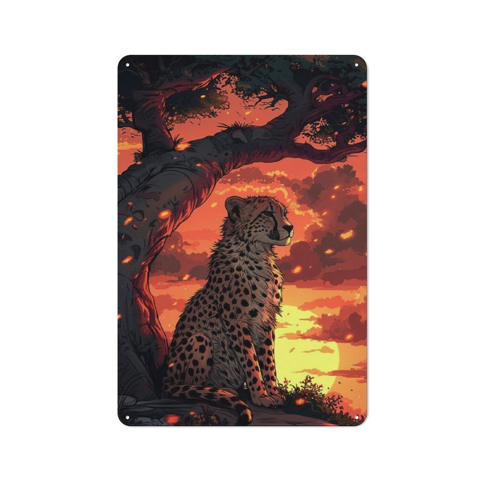 Junmoney Cheetah Sunset Metal Wall Sign 30X20cm, Rustic Decor For Home Bar Wall, Gift Idea At Christmas For Hosts Who Enjoy Retro Interiors