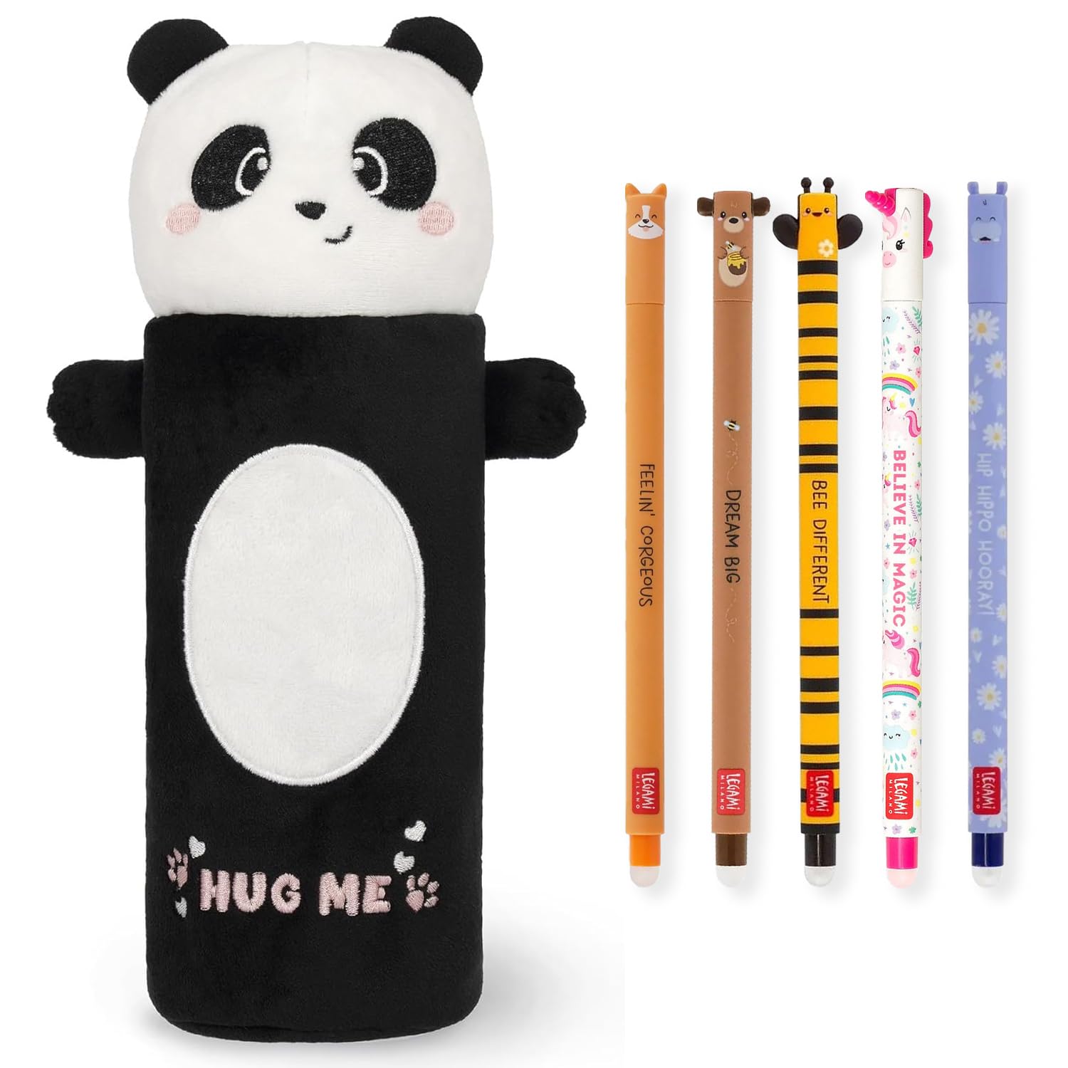 LEGAMI Super Soft Pencil Case & Erasable Gel Pens | Set of 5 Cute Animal Pens with Thermosensitive Ink + Plush Pencil Case | Back to School Supplies for Girls, Boys, Kids & Teens (Panda)