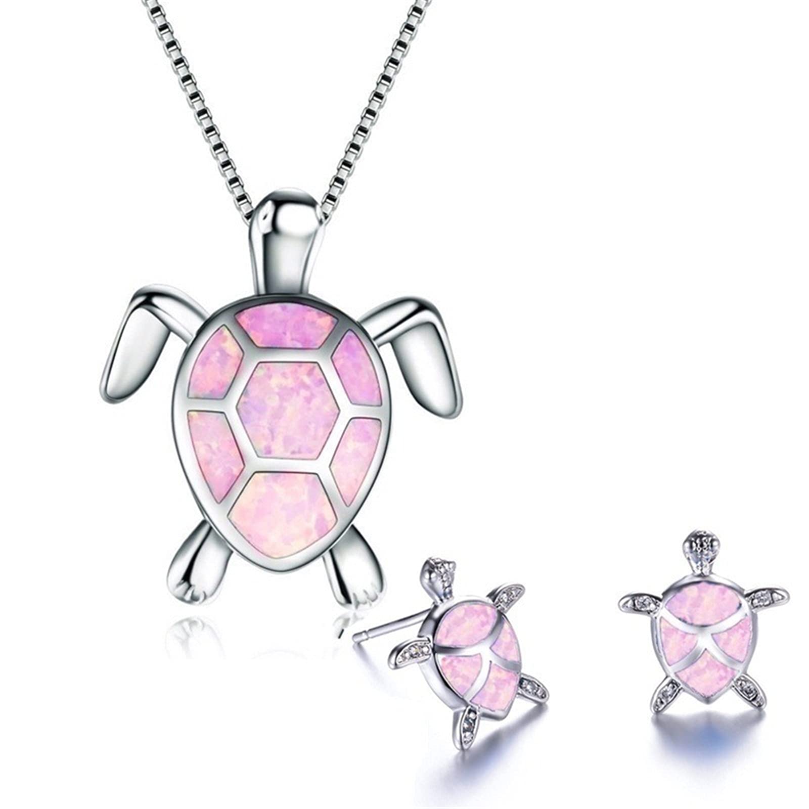 coadipress Turtle Necklace Earrings Sets for Women Fashion Silver Health and Longevity Seo Animal Opal Pendant Chain Necklace Jewelry