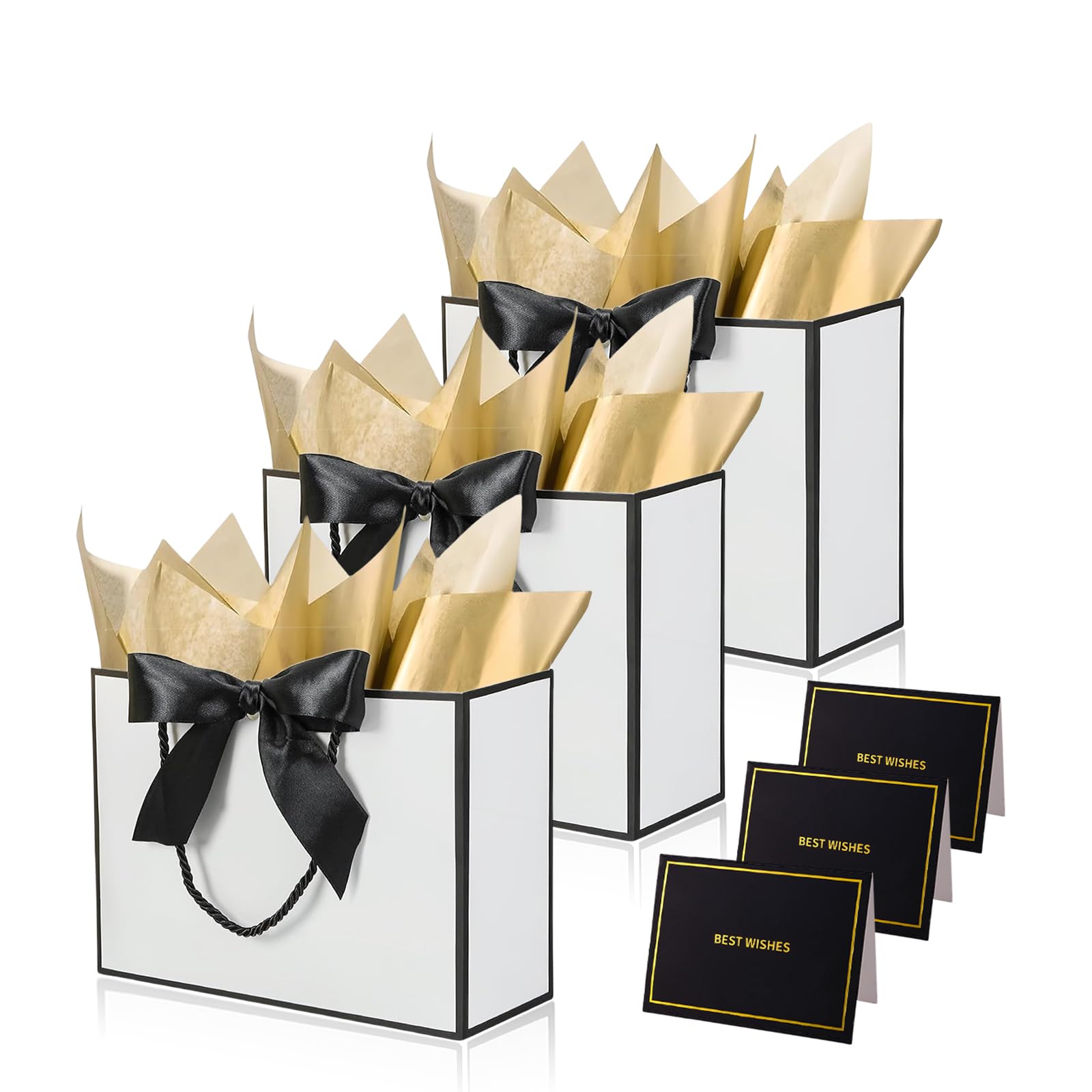 White Black Gift Bags for Presents,3P Medium Present Bags with 6 Metallic Gold Tissue/3 Card,Personalised Birthday Gift Paper Bag with Ribbon,28*20*10 Wrapping Bag for Christmas Wedding Gift Party Bag — image 1