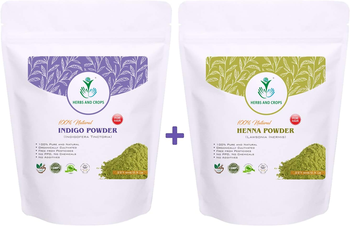Pack of 2 Herbs and Crops Natural Indigo + Natural Henna Powder 227g Combo For Hair Color