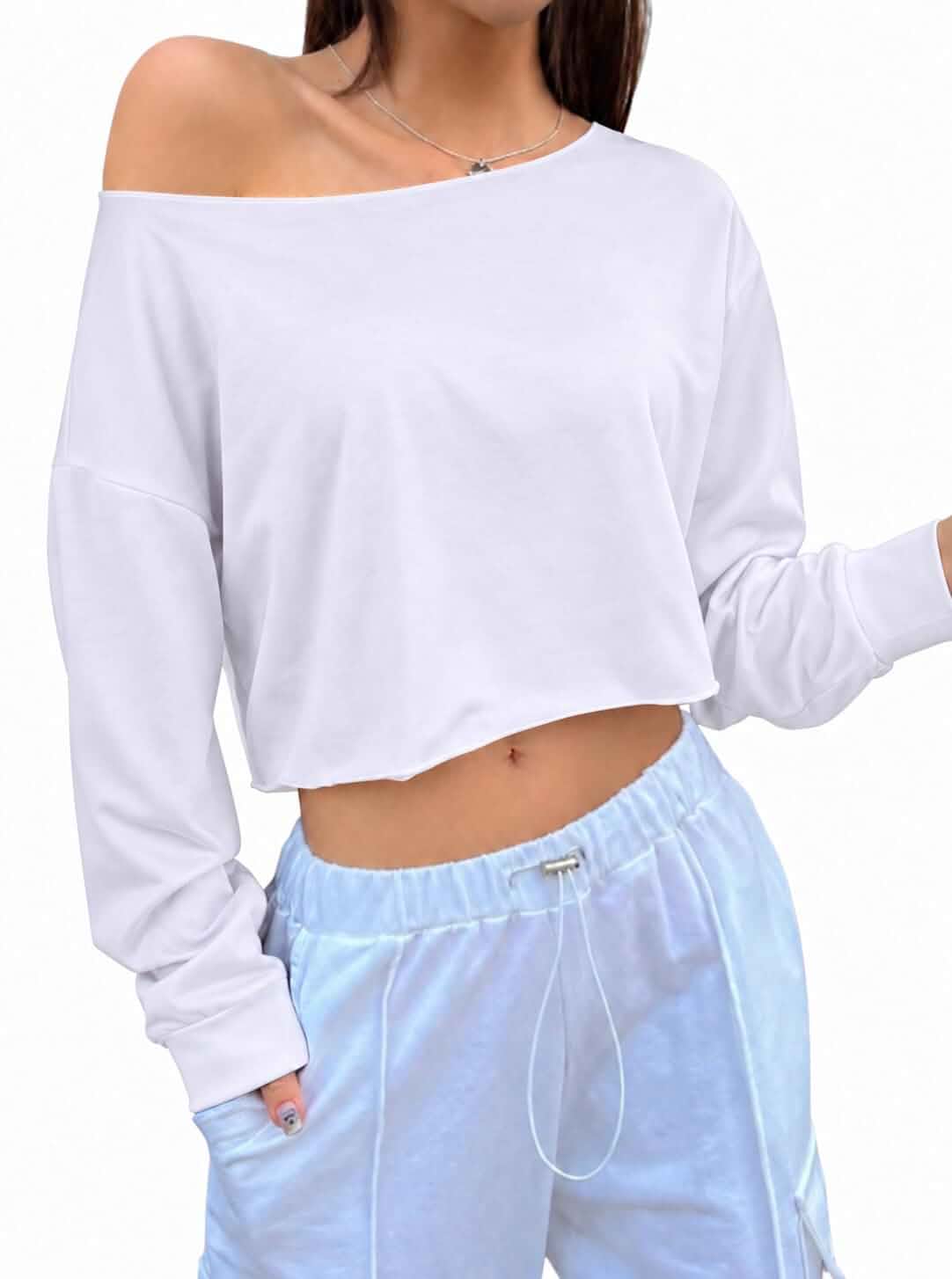 SOFIA'S CHOICE Women Sexy Off Shoulder Long Sleeve Crop Tops Boat Neck Loose Asymmetrical Top, Cropped Casual T Shirt, for Daily Streetwear, Going Out, Concert, Athleisure