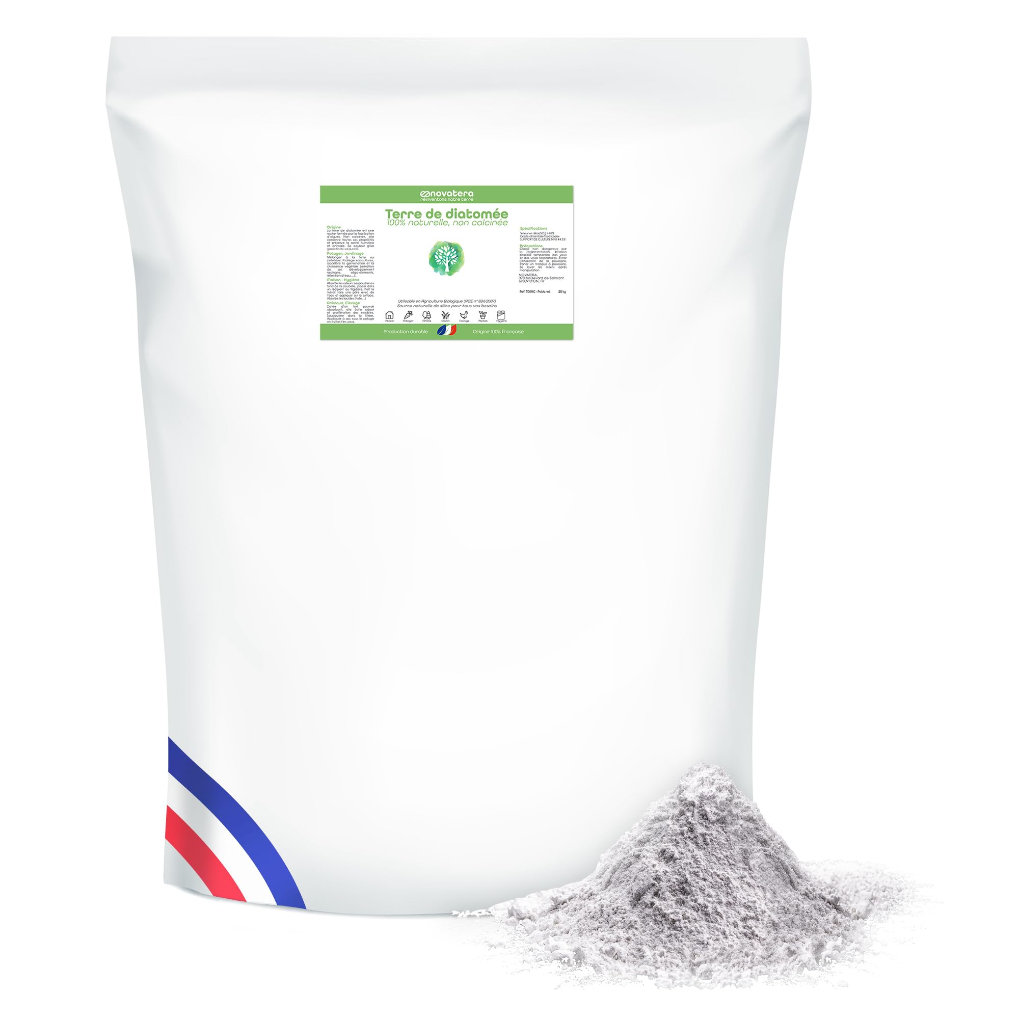 NOVATERA - Terre de Diatomée 100% Naturelle & Française - Ultrapure, Non Calcinée, Ecocert - Entretien, Jardin, Animaux, Élevage, Agriculture Biologique - Sac, 25kg