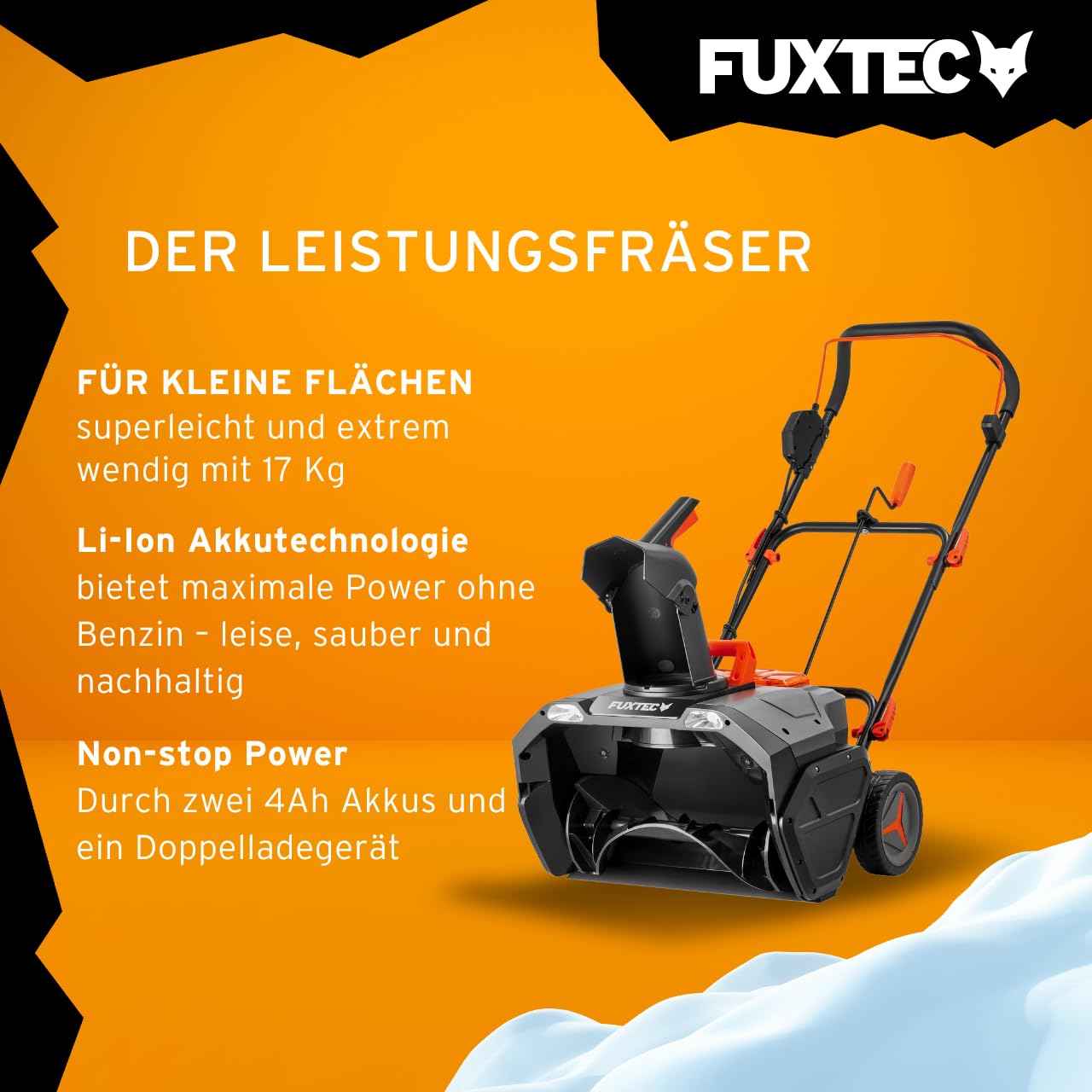 Fuxtec 40V Akku Schneefräse FX-E2SFSET, kabelloser Schneeräumer inkl. Akku + Ladegerät, 51 cm Arbeitsbreite, 6 m Wurfweite, Li-Ion Akku, LED-Frontlichter, leicht und wendig