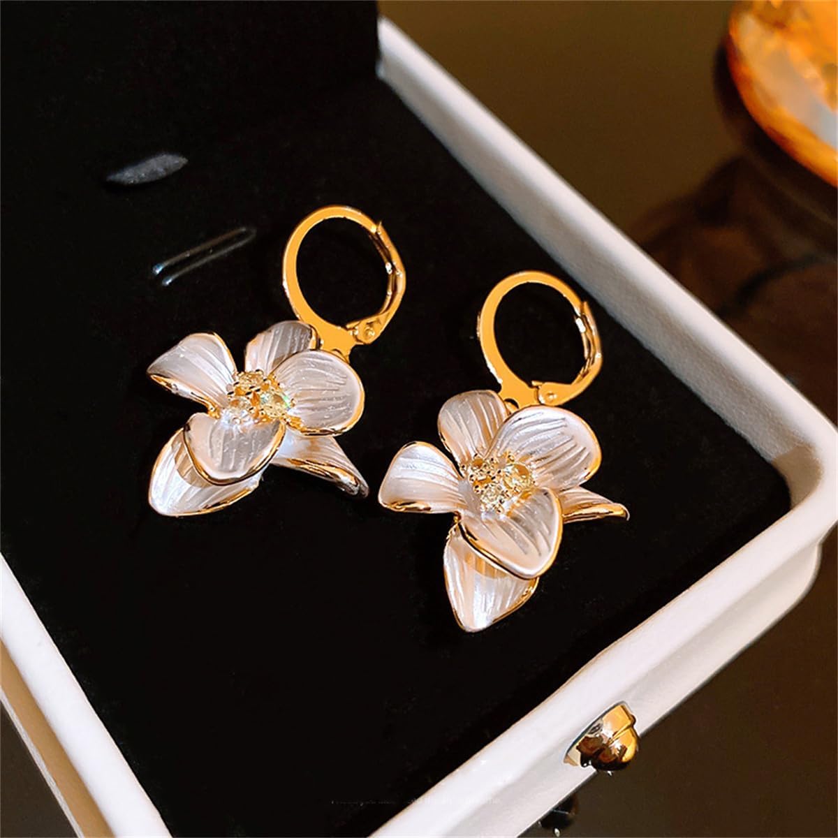CZ Flower Petal Dangle Drop Earrings for Women Gold-Toned Rhinestone Floral Dangling Statement Hoops Earring Fashion Leverback Danity Jewelry for Wedding Party - Image 5