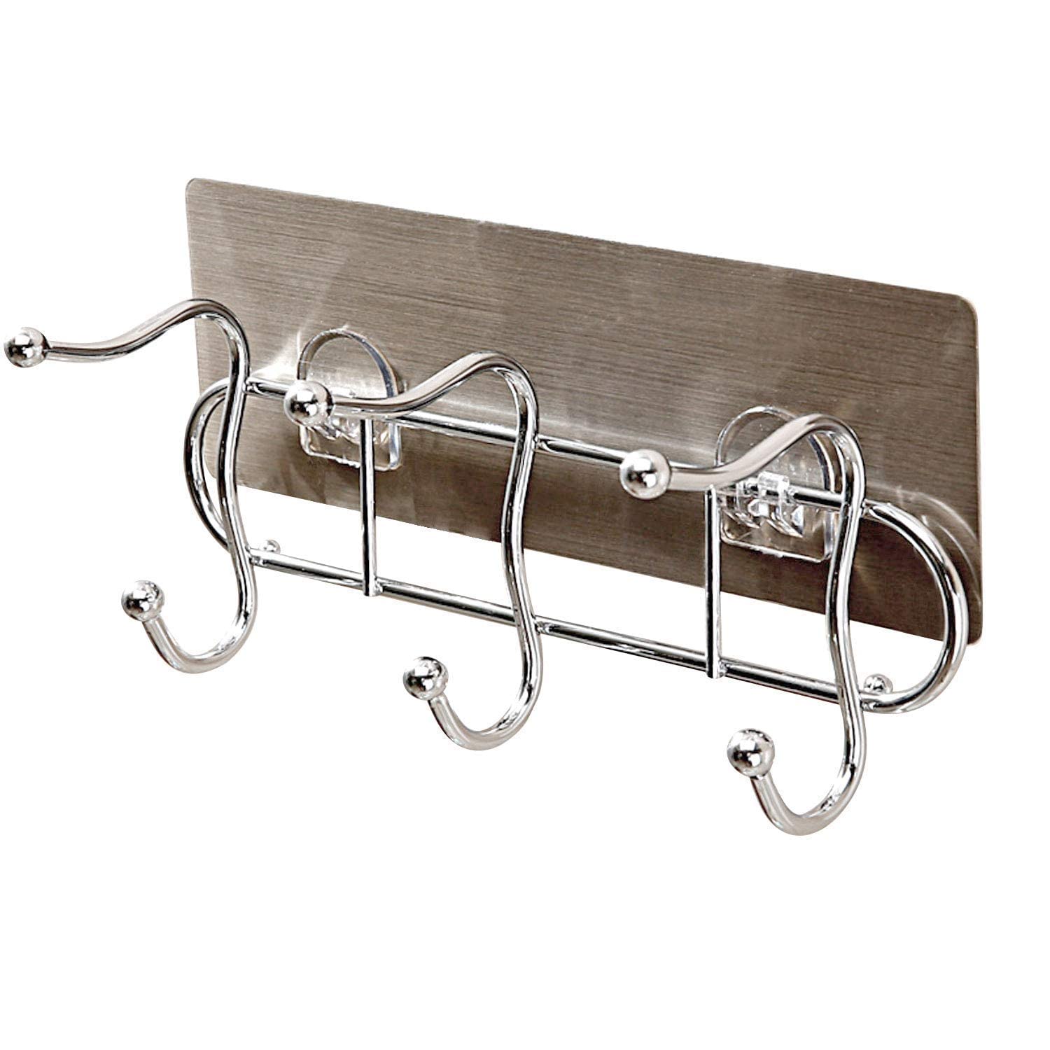 ZURATO Self Adhesive Stainless Steel Wall Mounted Towel Hanger | 3 Hook Rack, No Drill Wall Hooks for Bathroom & Kitchen, Durable Towel Holder | Space-Saving Bathroom Accessories (22 x 8 x 11 cm)