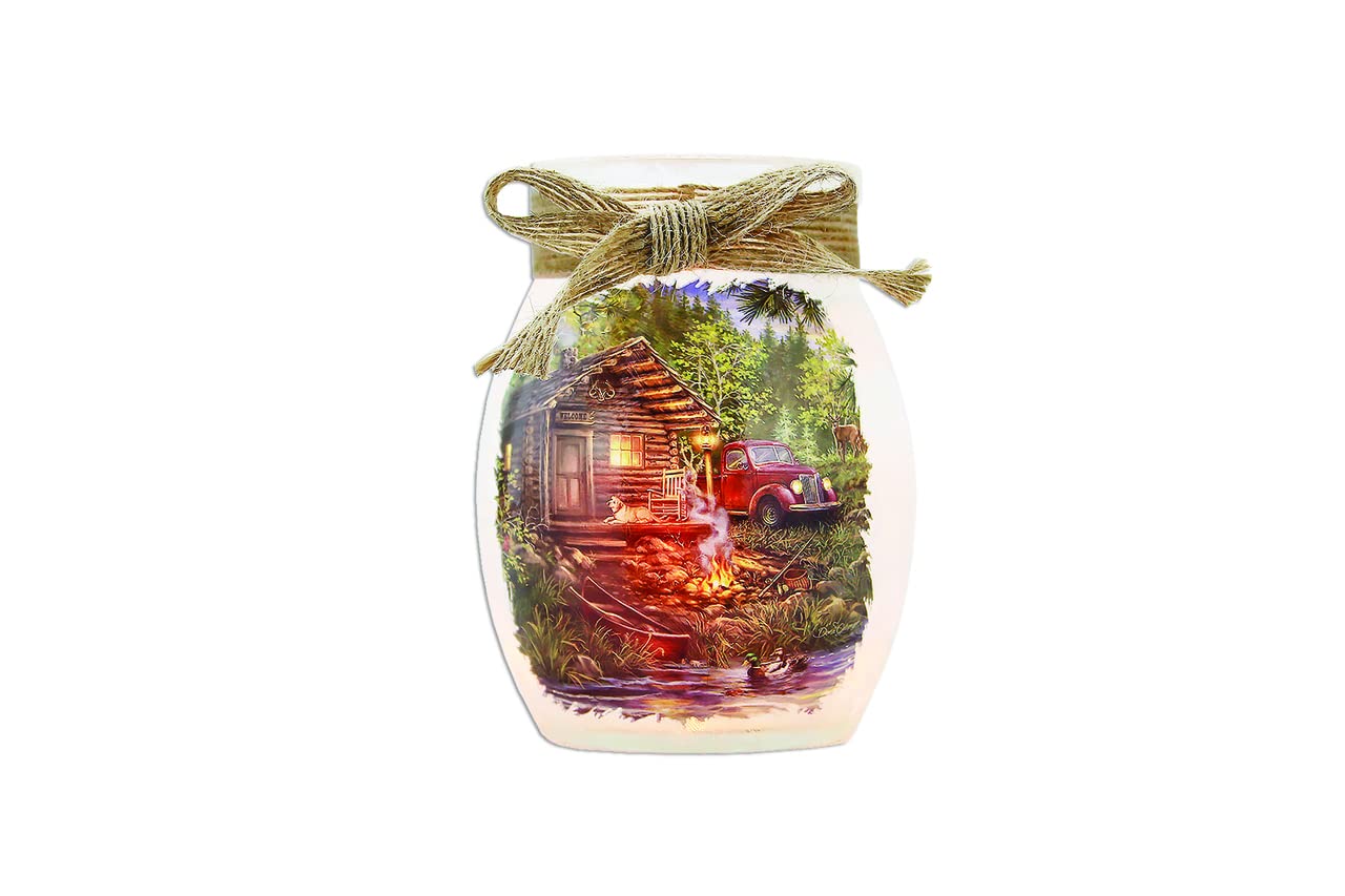 Stony Creek - Jar Shaped Decorative Light - Hand-Painted with with A Cabin in The Woods Ans an Old School Pick-UP Truck