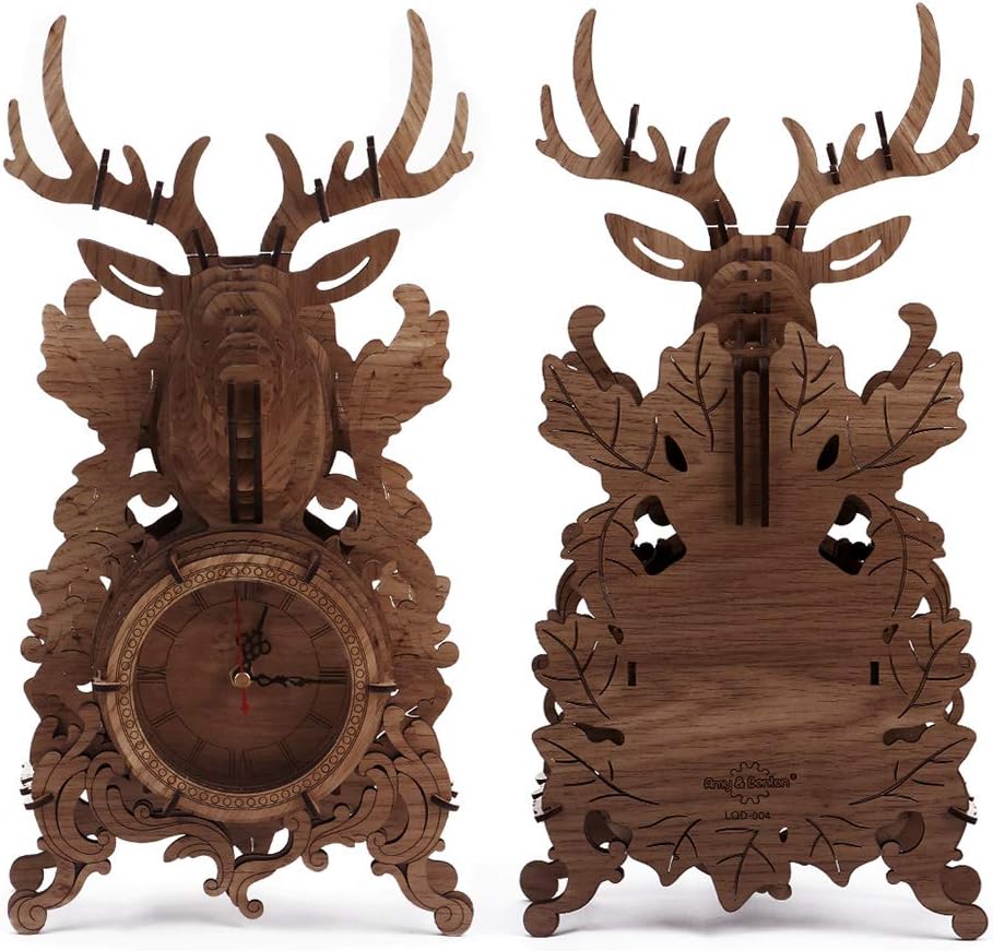 Amy&Benton 3D Wooden Puzzle Clock Model Kit for Adults and Kids to Build - Christmas Reindeer Desk Clock Wall Mountable -(Large, Dark)