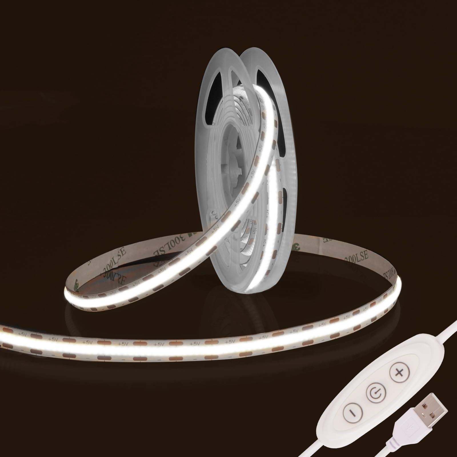 Fosingut USB COB LED Strip Light 2m,5V 960 LEDs TV Backlight 6500K Cool White,CRI90+ Dimmable Flexible Under Cabinet Kitchen Light,8mm COB LED Tape Lights for Mirror,Wardrobe,Bedroom,Home DIY Lighting