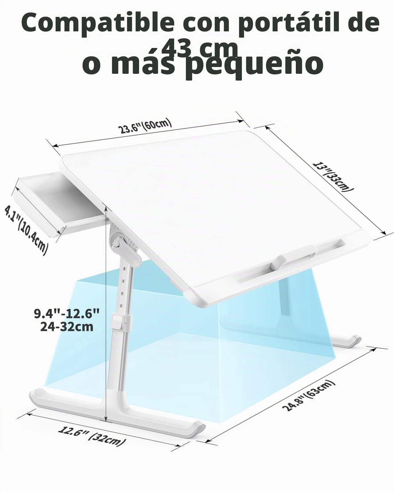 SAIJI Mesa para Ordenador portátil de Cama, Mesa Ajustable, Bandeja de Almacenamiento, Patas Plegables de Trineo y Tablero de Piel PVC (Blanco)