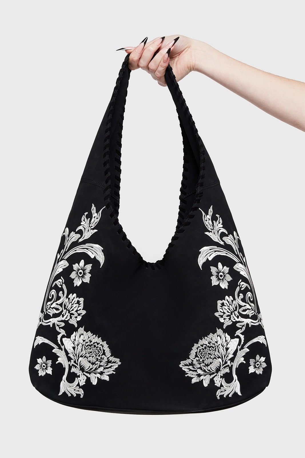 Killstar Tasche Fading Flower – Gothic Hobo Bag mit floraler Stickerei – große Schultertasche Schwarz