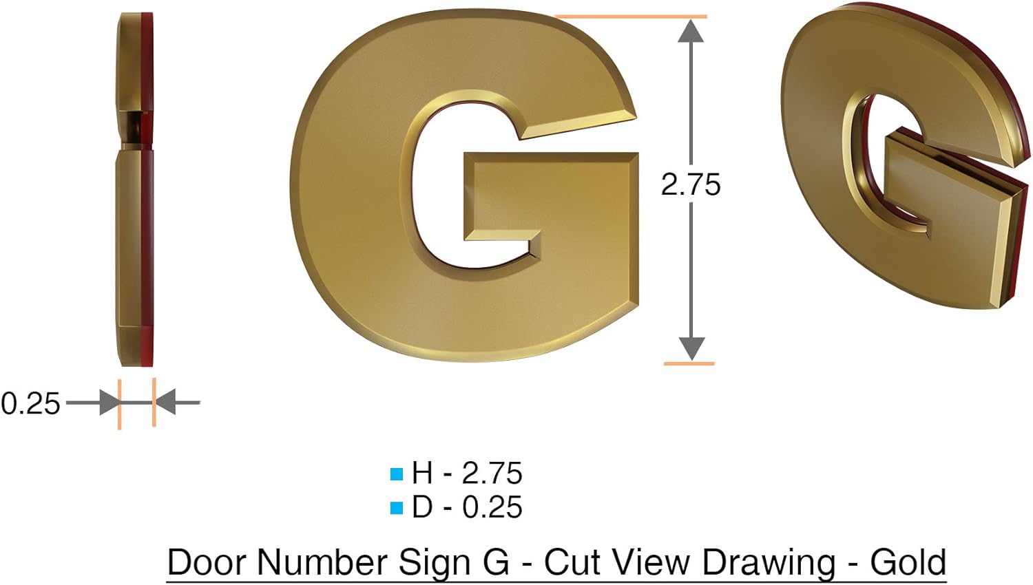 1 PCS - Apartment Number Sign/Mailbox Number sign, Door number sign. Letter G gold (GOLD, 3D, Size 2.75 x 1.75, comes with double sided tape)- The maple line