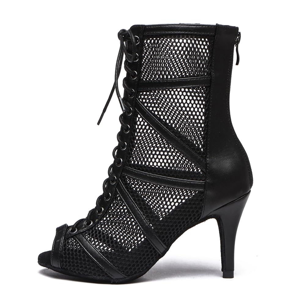HROYL Women's Ballroom Latin Salsa Heels Dance Shoes Lace-up Open-Toe Ankle Dance Boots,Model YCL555