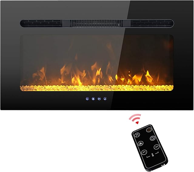PHI VILLA 30 Inch Electric Fireplace Inserts, Wall Mounted & Recessed Electric Fireplace Heater Low Noise with Remote Control, Timer, Touch Screen, Adjustable Flame Color, 1500W (Black)