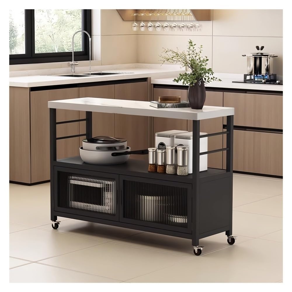 Carrello da cucina Piano in pietra sinterizzata Cucina isola scorrevole Ante in vetro scanalato Ruote con serratura(Black,L)