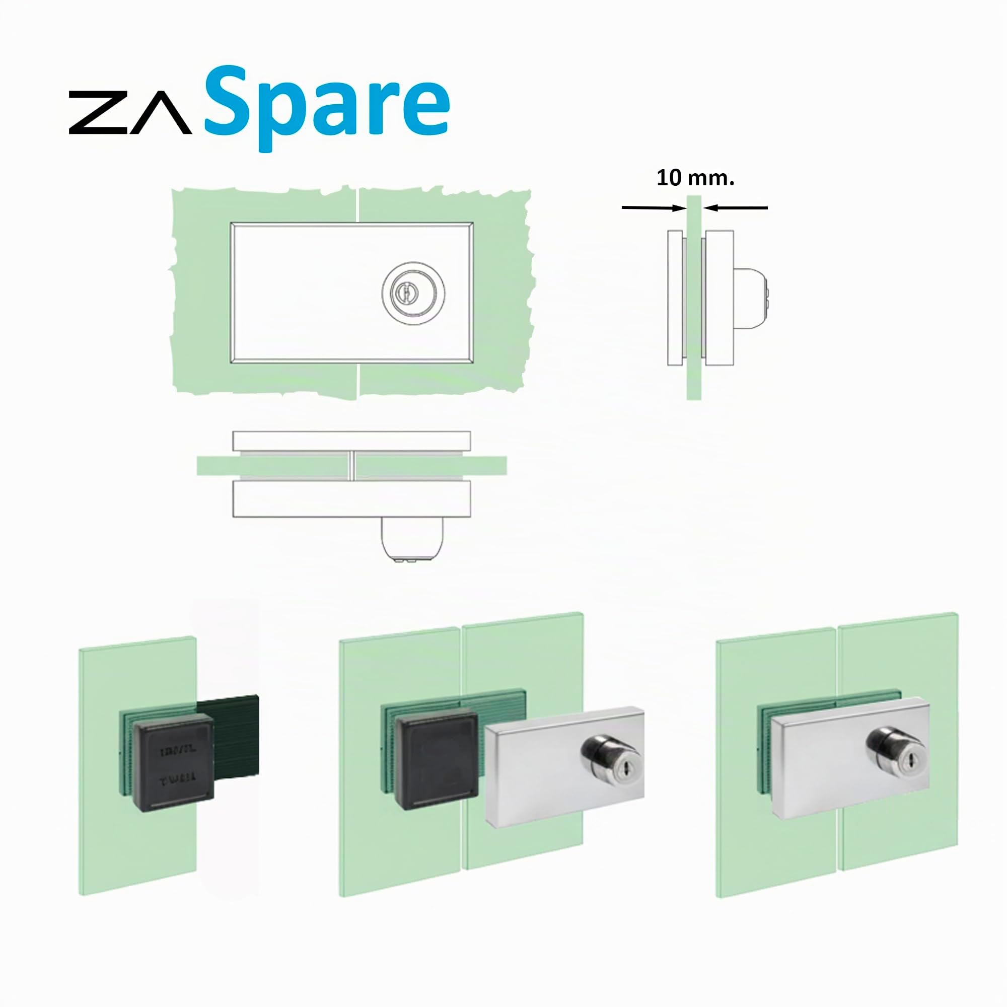 Serratura per porta in vetro senza foratura in acciaio inox AISI 304, alta sicurezza con 5 chiavi, ideale per uffici e locali professionali, compatibile con porte in vetro da 10 mm.
