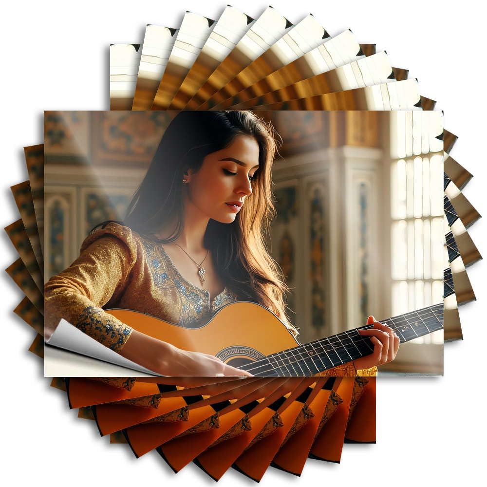 Fzfn Colour Lettering Sticker Best Peel And Stick - A Woman In A Golden Dress Plays An Acoustic Guitar Case Cozy Waterproof Vinyl For Narrow(12X18cm)
