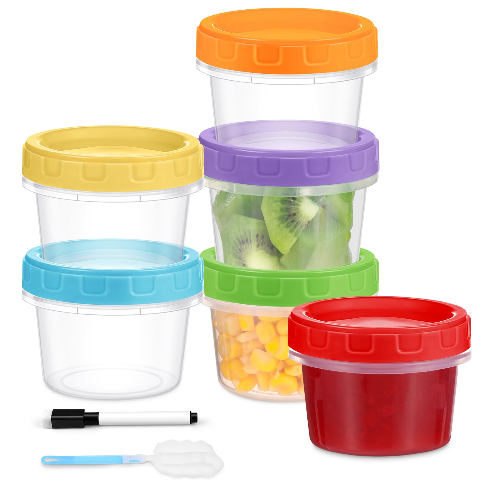 Yomarket 4 oz Small Plastic Containers with Lids, 6 Pack Stackable Small Freezer Containers, Reusable 1/2 Cup Food Containers for Snack Puree Fruit,