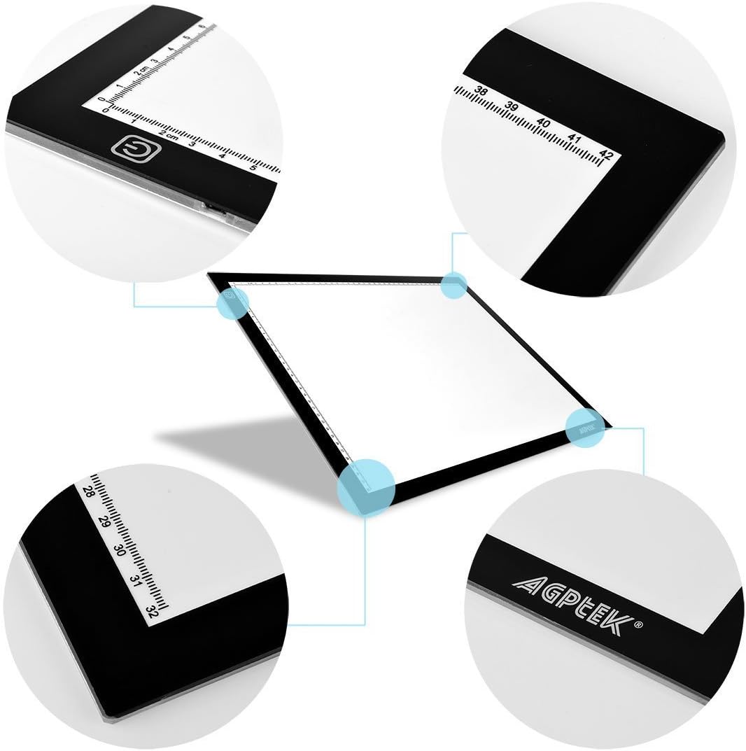 Close-up of AGPtek A3 Light Pad power button and ruler markings