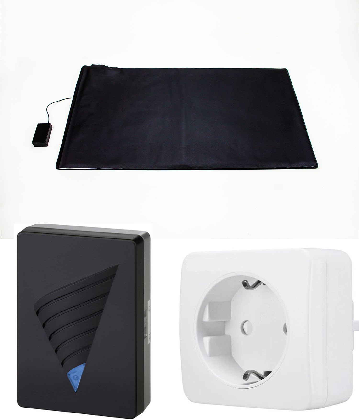 Funk-Alarmtrittmatte XL - Pflegehilfe - mit mobiler Multifunktionsempfänger (Pager) & Funkschaltsteckdose (Licht an!) - 140cm x 40cm - Demenz Sturzprävention - Wegläuferschutz