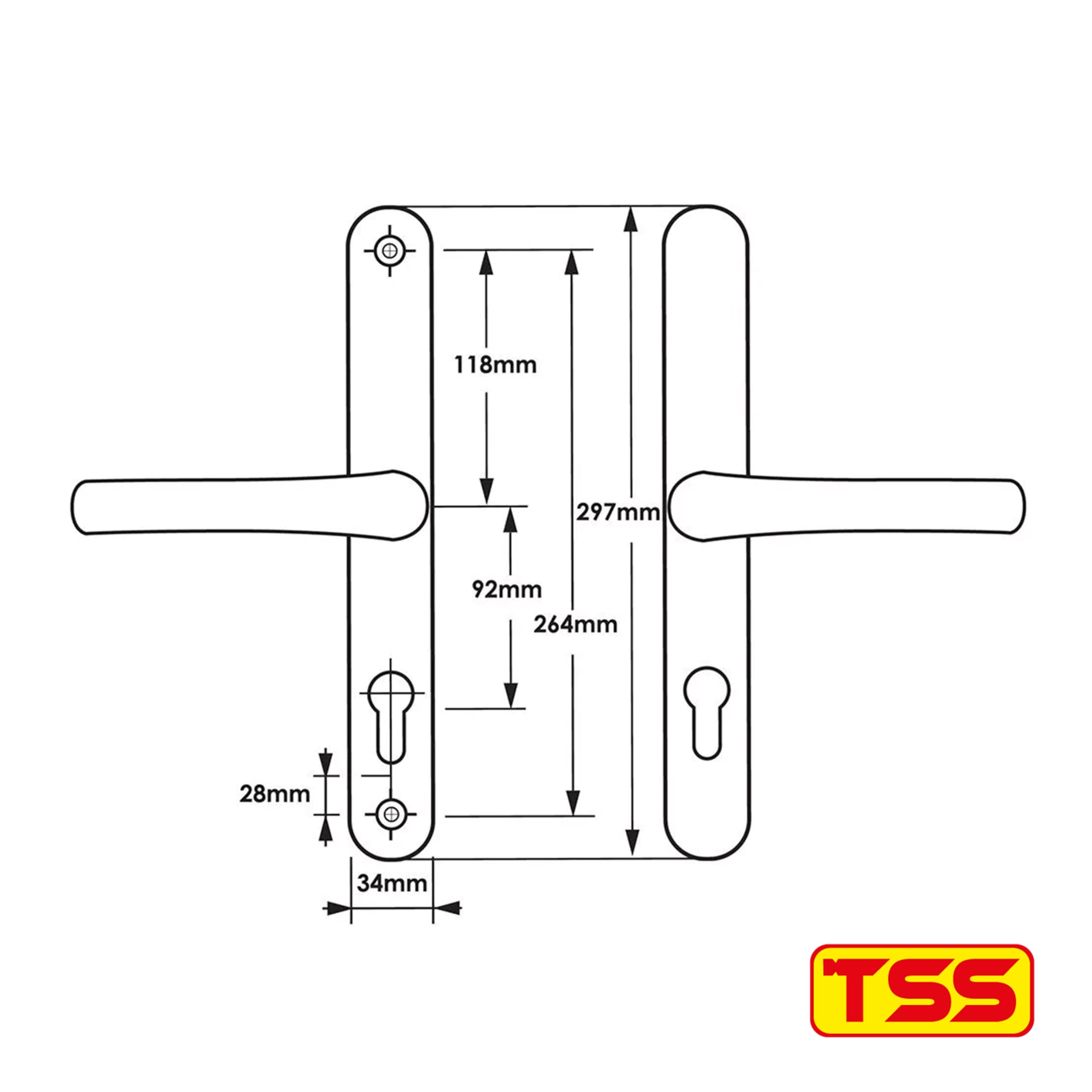 TSS Universal UPVC Door Handles -Lever/Lever, 92mm PZ (Centres), 264mm Screw to Screw, Backplate 297mm X 34mm - Image 3