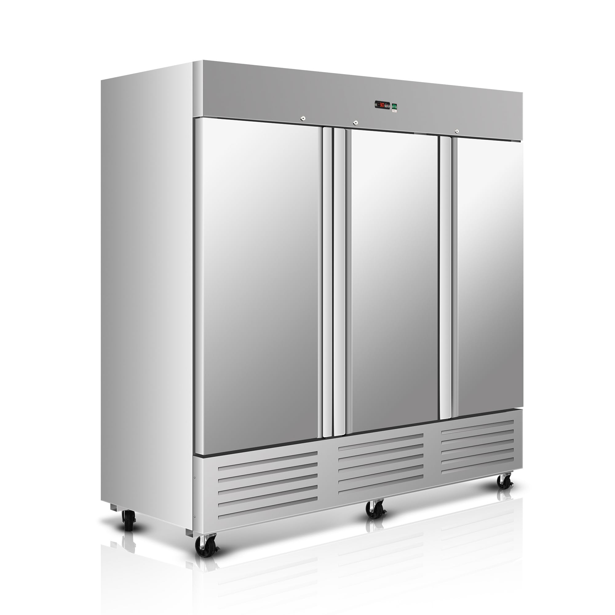 81" W Commercial Upright Freezer with Three-Door: 72 Cubic Feet Storage, Adjustable Shelving, Automatic Defrosting, Precision Digital Thermostat, LED Lights, Safety Locks