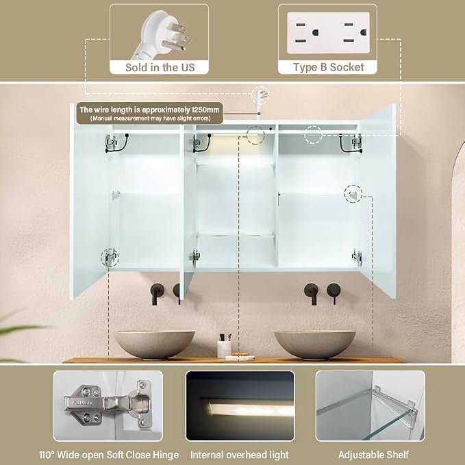 Botiquín de baño espejo LED blanco 40 x 24 pulgadas 3 puertas miniatura 7