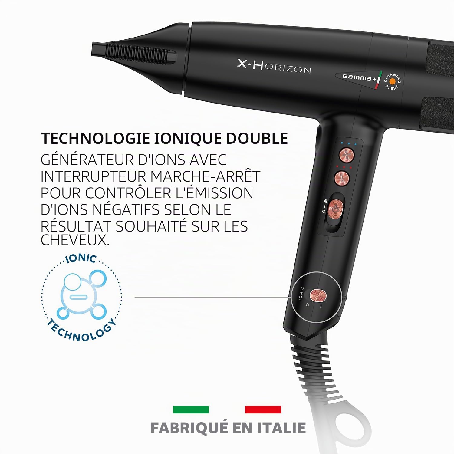 GAMMA+ X-Horizon Sèche-cheveux Ionique, Sèche-cheveux Professionnel Ultra-léger 290 gr, Dual Ionic Technology, Système d'Alerte Nettoyage Filtre, 120.000 tr/min, Made in Italy (Noir, Prise Schuko)