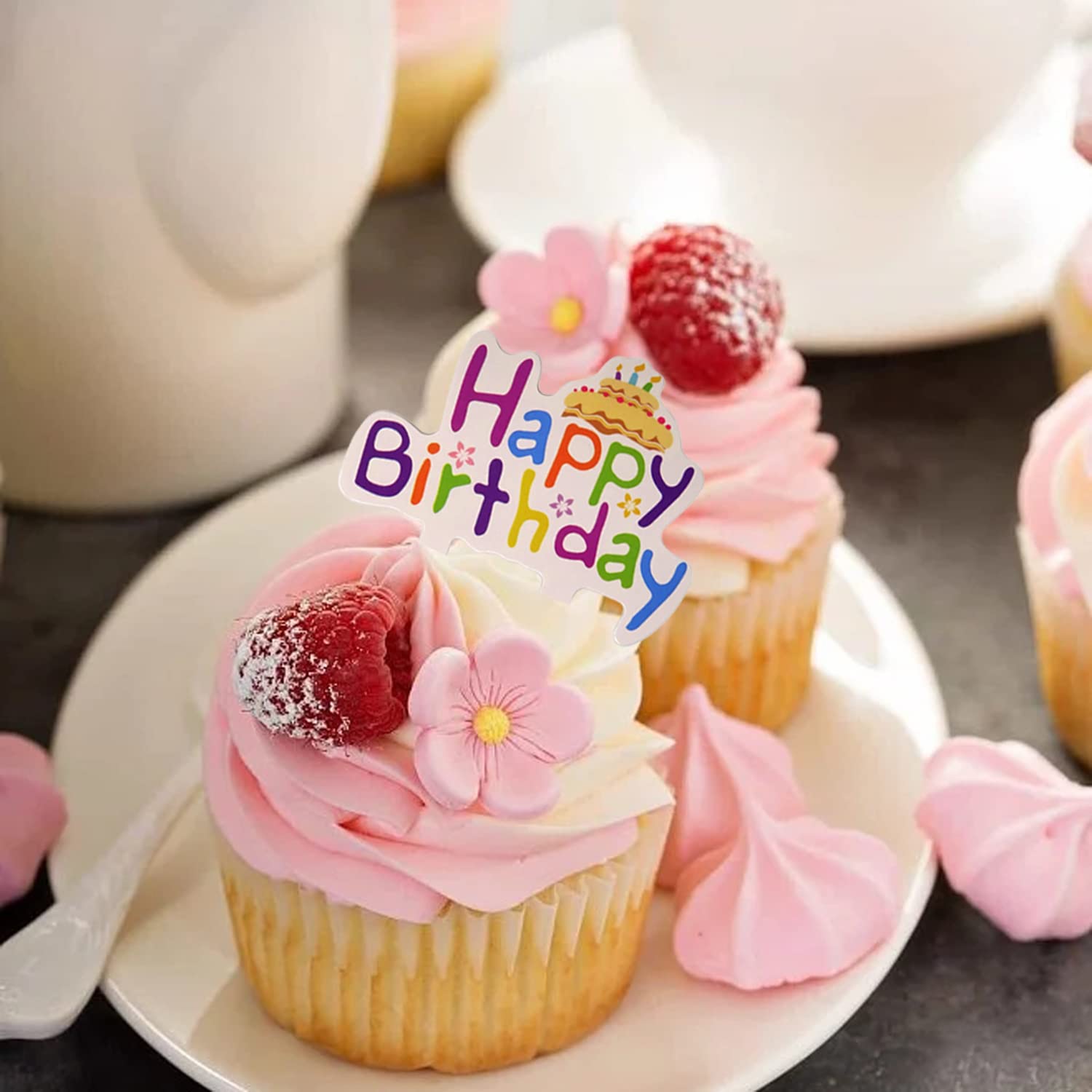 Pangogogo 50pcs Happy Birthday Cupcake Toppers - Colorful Hot Air Balloon Food Picks, 10 Colors, Party Decorations
