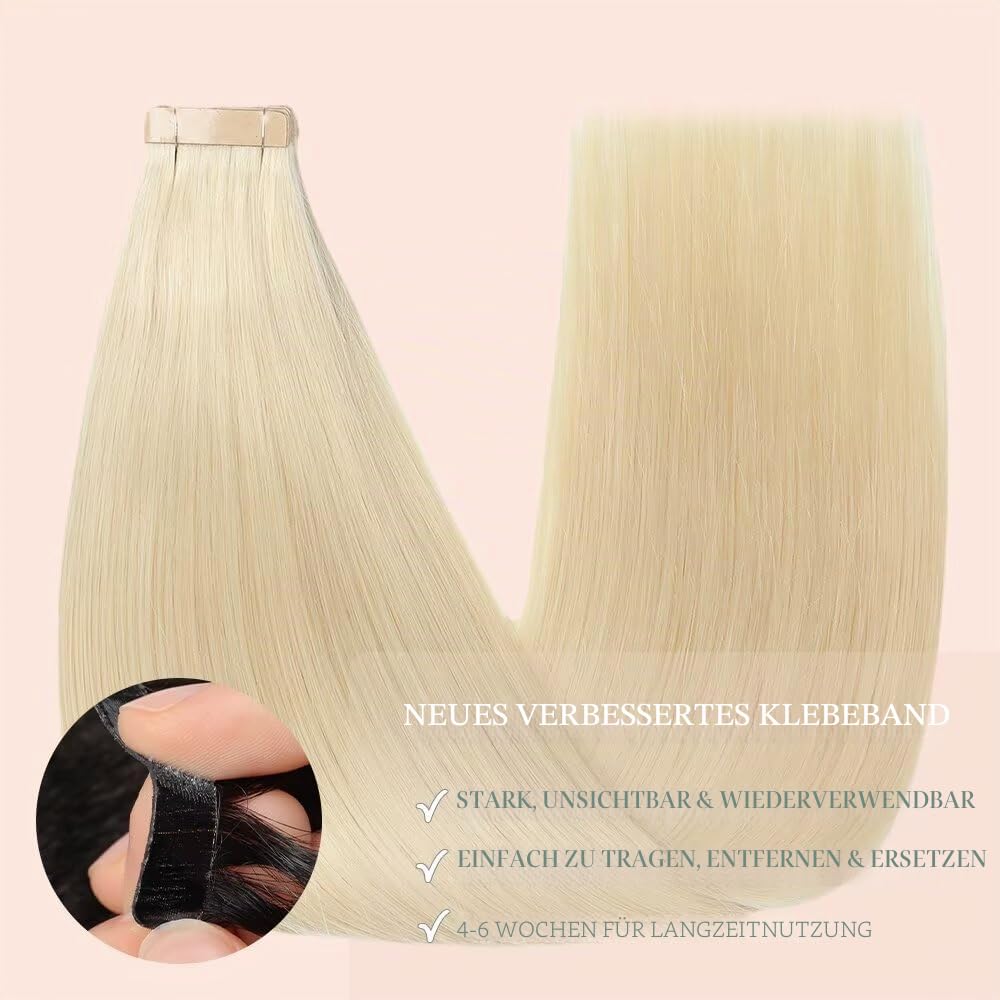 YDDM Tape Extensions Echthaar Hellblond 20pcs 60cm 50g Bleichblond Remy Invisible Tape in Extensions Echthaar Blonde Tapes Ins Dunkelblond Tape Extensions Skin Weft Haarverlängerung(24Zoll,60#)