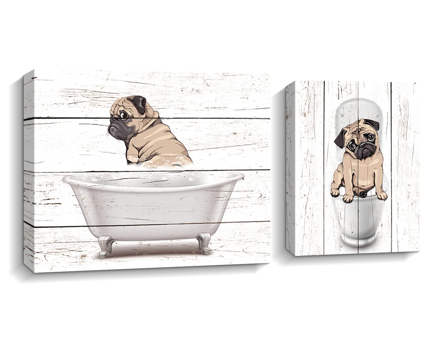 Kas Home2 Panels Bathroom Decor Funny Bulldog Wall Art In Bathtub and Toilet Canvas Pictures Prints Black White Wall Animal Artwork Wall Decor Sign for Bathroom