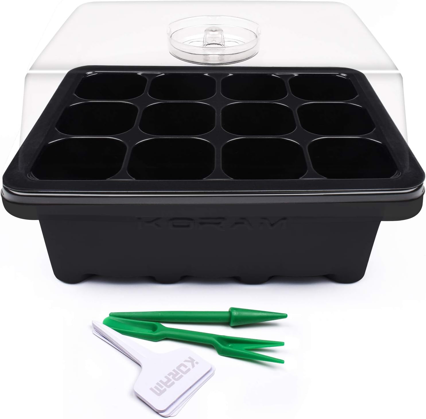 KENTING KORAM 10-Pack Seed Tray, 12-Cell Plant Germination Trays Humidity Adjustable Seed Starter Tray with Lid and Base for Greenhouse Seed Germination Growing (BLACK)
