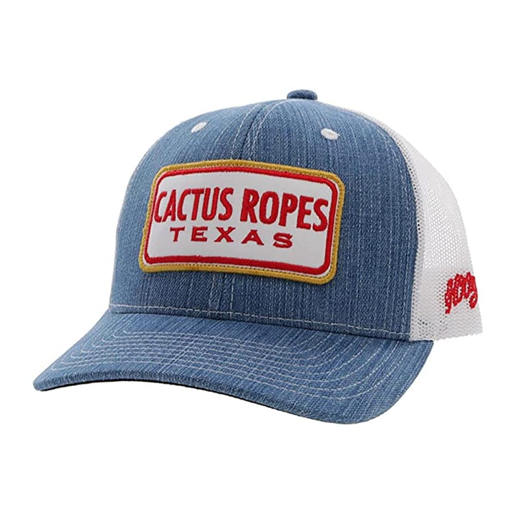 Hooey Cactus Ropes Adjustable Snapback Trucker Mesh Back Hat, Denim/White/Red, One Size