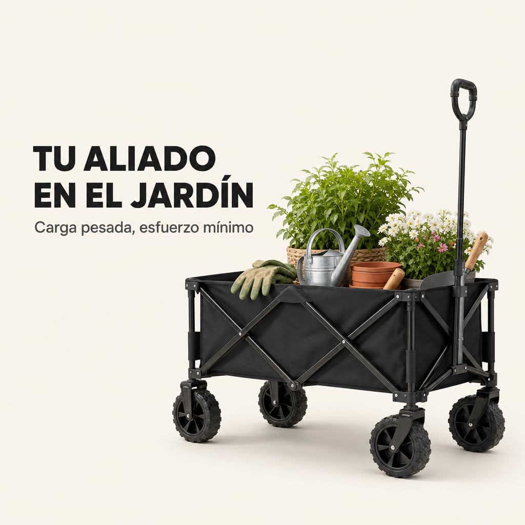Carrito de Transporte Plegable con Ruedas Todo Terreno – Mango Telescópico Ergonómico, Ruedas Giratorias 360°, Bolsillos Laterales y Tela Extraíble para Playa, Jardín y Compra (150 KG)