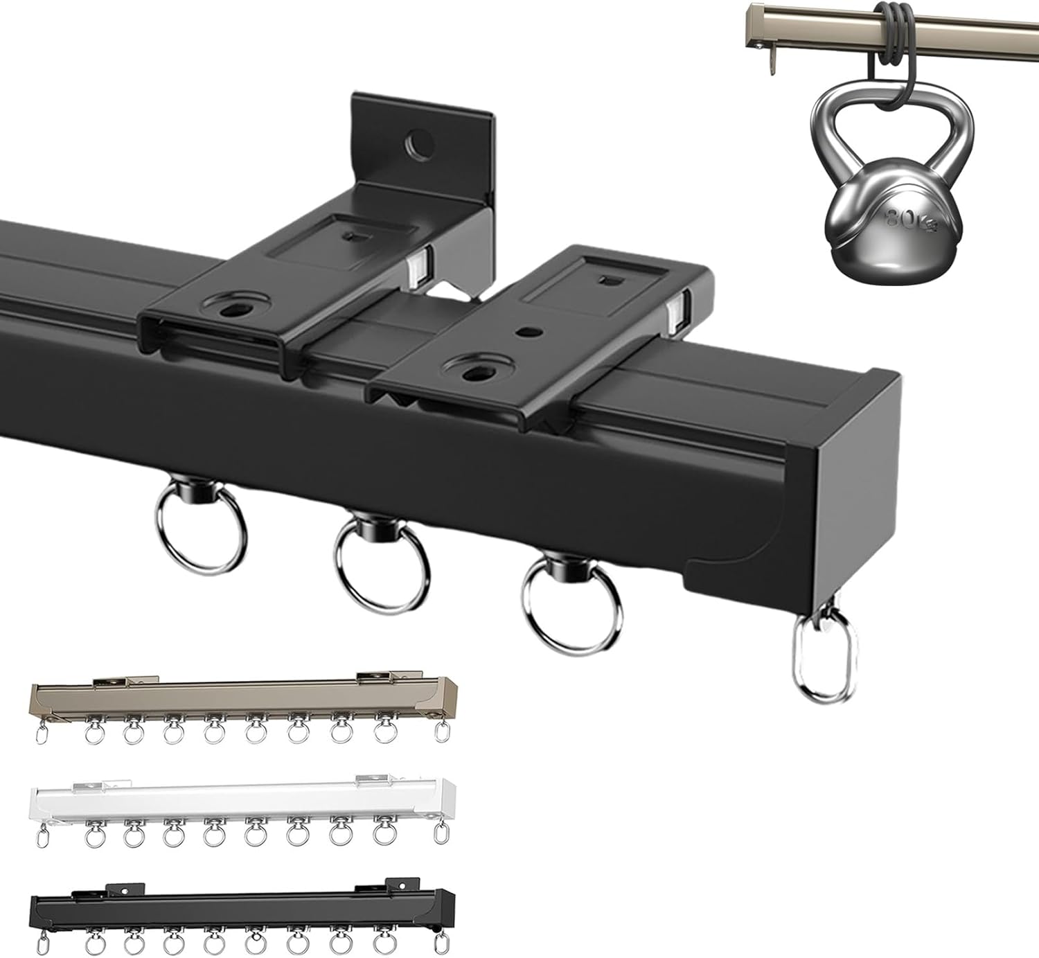 Heavy-Duty Ceiling Curtain Track with Mute Rollers, Wall-Mounted Room Divider Rail, 150cm Black, Fits 2.0-2.6mm Wall Thickness, Ideal for Curtains and Room Separation